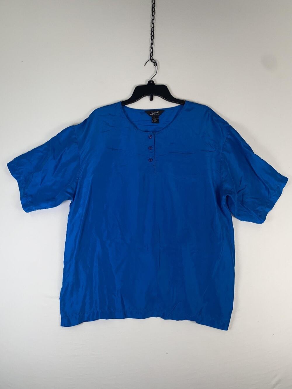 Options Blouse Womens Large Blue Silk Henley Short Sleeve Relaxed Tunic Top